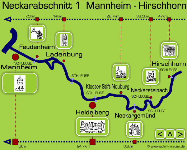 Schiffsauskunft Landkarte Neckarlauf Neckar Mannheim Heidelberg Neckargemnd Neckarsteinach Hirschhorn Ladenburg Feudenheim