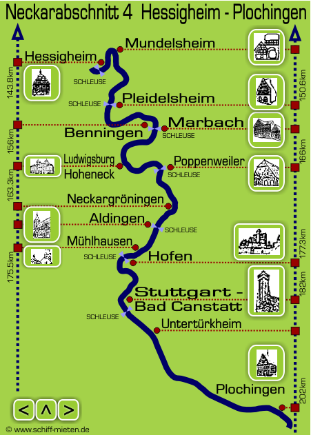 Schiffsauskunft Landkarte Neckarlauf Neckar Stuttgart Bad Cannstatt Marbach Ludwigsburg Hessigheim Mundelsheim Mhlhausen Plochingen