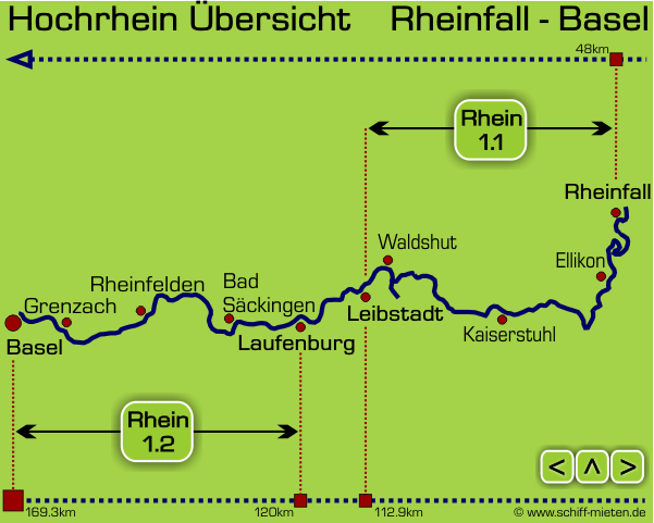 Schiffsauskunft Landkarte Rheinlauf Regio Basiliensis – Hochrhein von Rheinfelden über Basel und Weil am Rhein bis Kembs