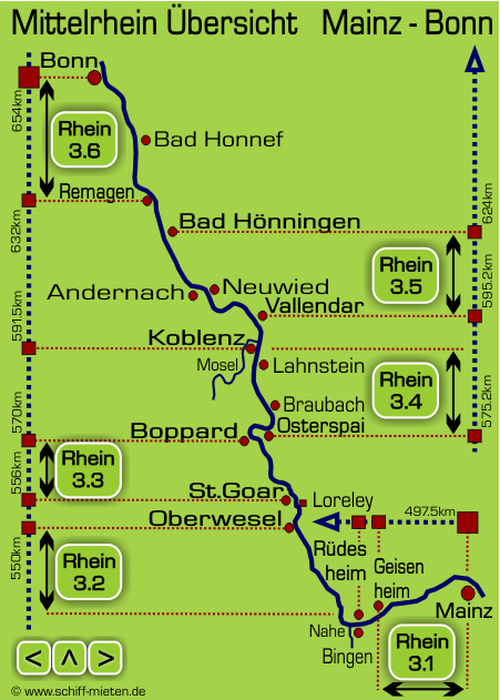 Schiffsauskunft Landkarte Rheinlauf Mittelrhein zwischen Mainz und Bonn