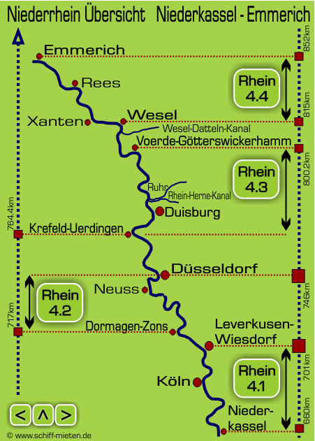 Schiffsauskunft Landkarte Rheinlauf Niederrhein zwischen Bonn und Holland