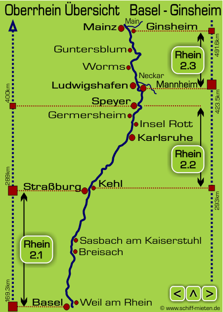 Schiffsauskunft Landkarte Rheinlauf Oberrhein zwischen Basel und Mainz